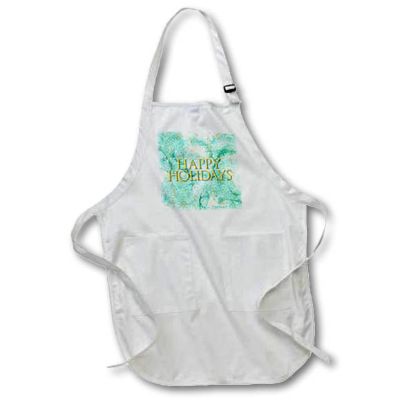 Apron - Image of green marble, line decoration, yellow Happy Holidays text Alexis Design - Holidays Christmas