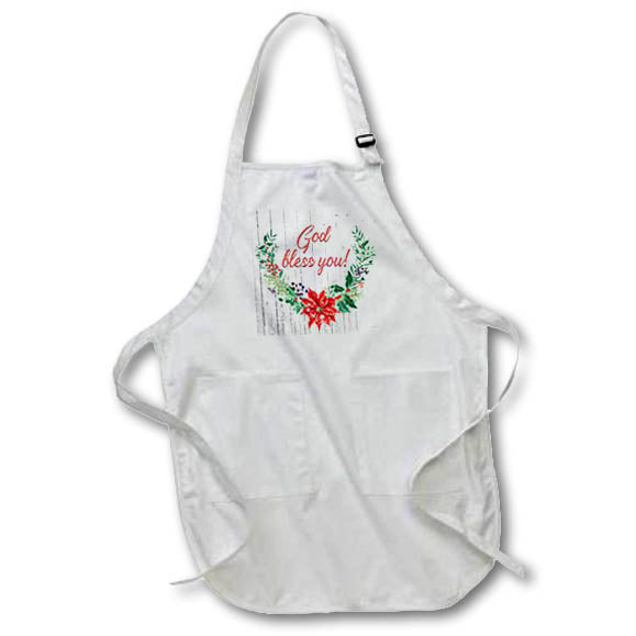 Apron - Image of wooden planks, floral wreath, God bless you pink text Alexis Design - Holidays Christmas