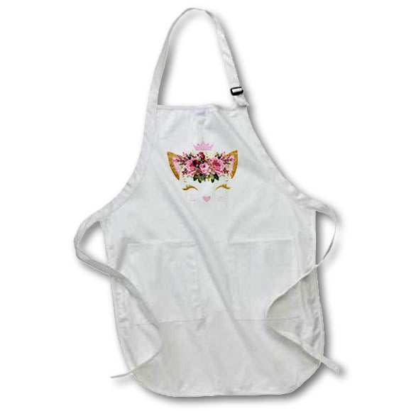 Apron - Cute Pink Floral Image Of Gold Crowned Cat Face Illustrations