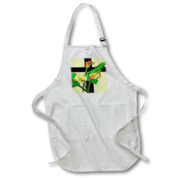 Apron - Three Calla Lilies And Christian Cross Art Acrylic Painting - Easter Calla And Cross