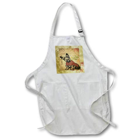 Apron - Image of Cute Terrier Dog On this French Vintage Card Red Black Beige lens Art by Florene - Vintage French