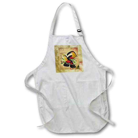 Apron - Image of Black Red And Yellow French Toucans On Antique Postcard lens Art by Florene - Vintage French