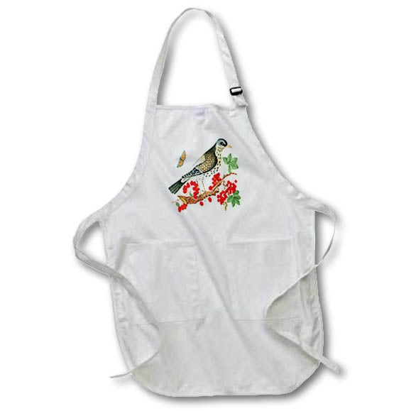 Apron - Image of Vintage Bird With Butterfly On Branch With Red Berries lens Art by Florene - Flowers And Birds