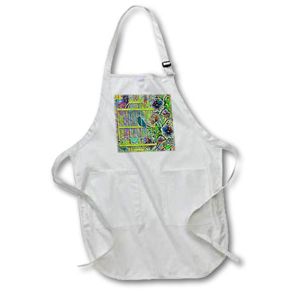 Apron - Image of Blue And Aqua Birds In Lime Cage With Blue Flowers lens Art by Florene - Flowers And Birds