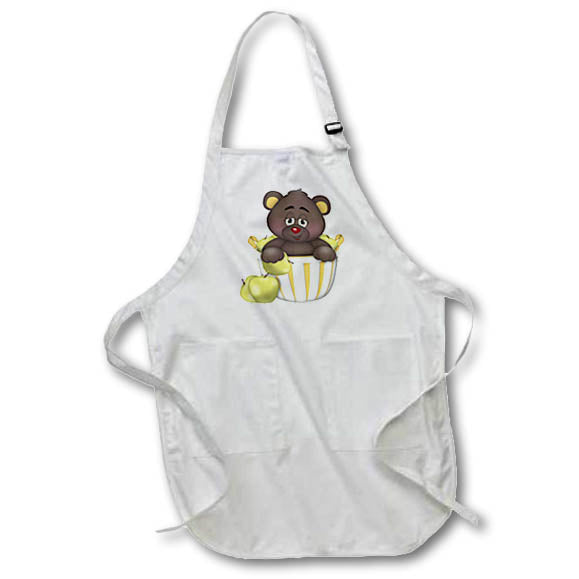 Apron - Cute Brown Bear In A Basket Of Green Apples Illustration Cute Illustrations