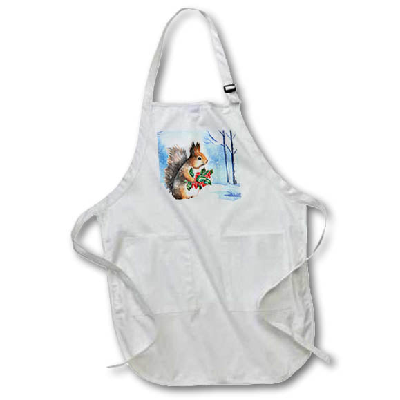 Apron - Watercolor Squirrel with Holly and Berries in Snow for the Holidays Christmas Collection