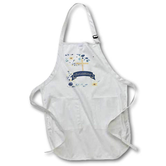 Apron - Christening for Baby Boy in Creamy Botanical with Blue Christian Cross Baby Designs