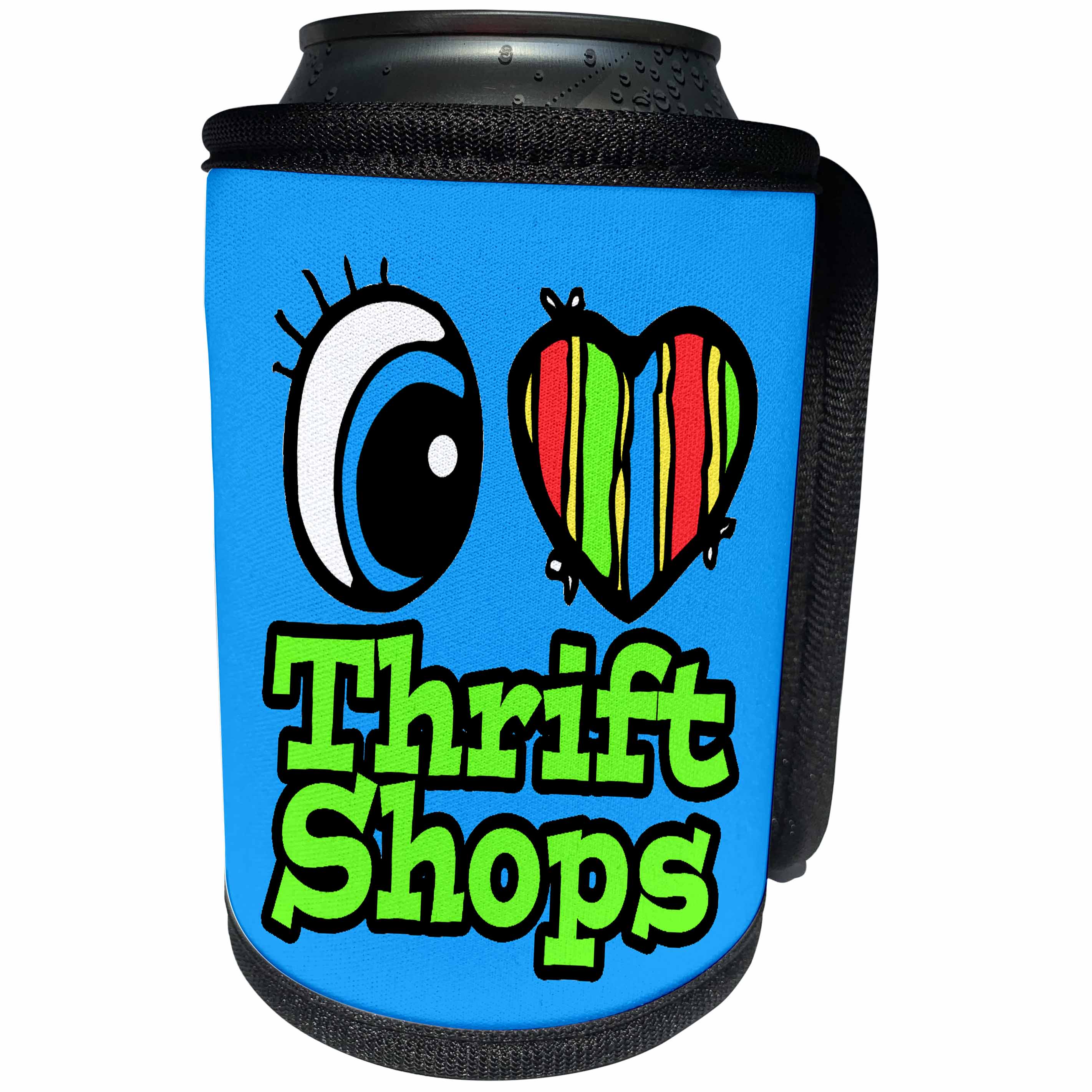 3dRose Dooni Designs Eye Heart I Love Designs - Bright Eye Heart I Love Thrift Shops - Can Cooler Bottle Wrap (cc_106634)