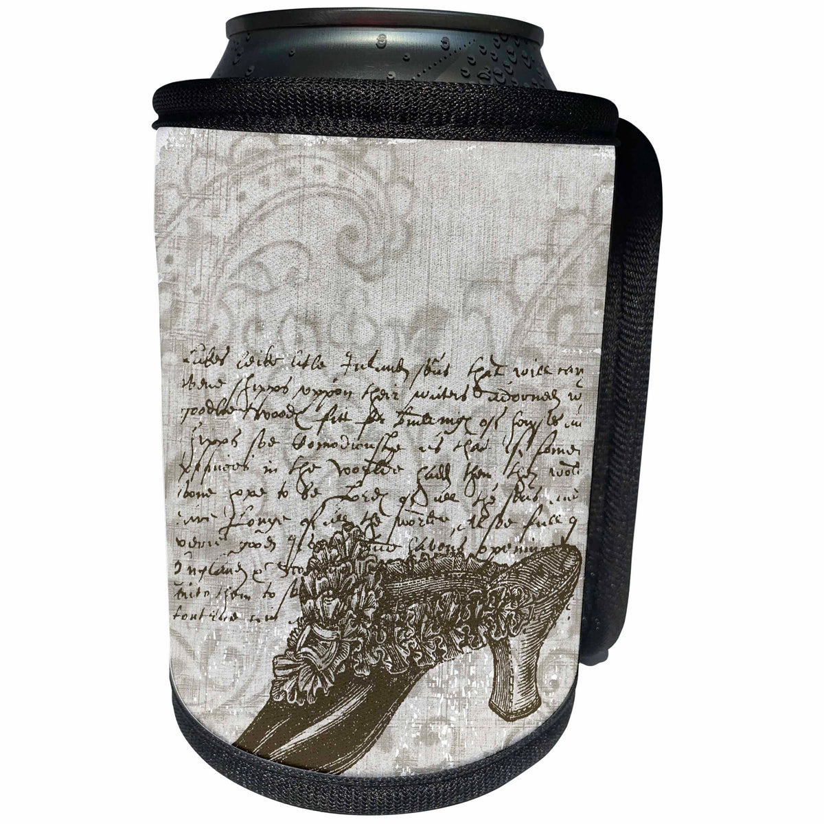 3dRose PS Beach - Vintage Shoe with French Script - Can Cooler Bottle Wrap (cc_108695)