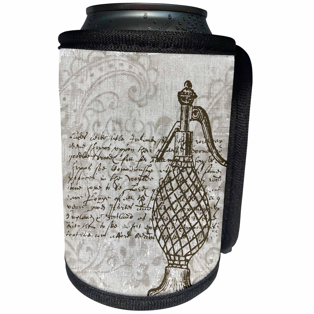 3dRose PS Beach - Vintage Art French Script with Perfume - Can Cooler Bottle Wrap (cc_108696)