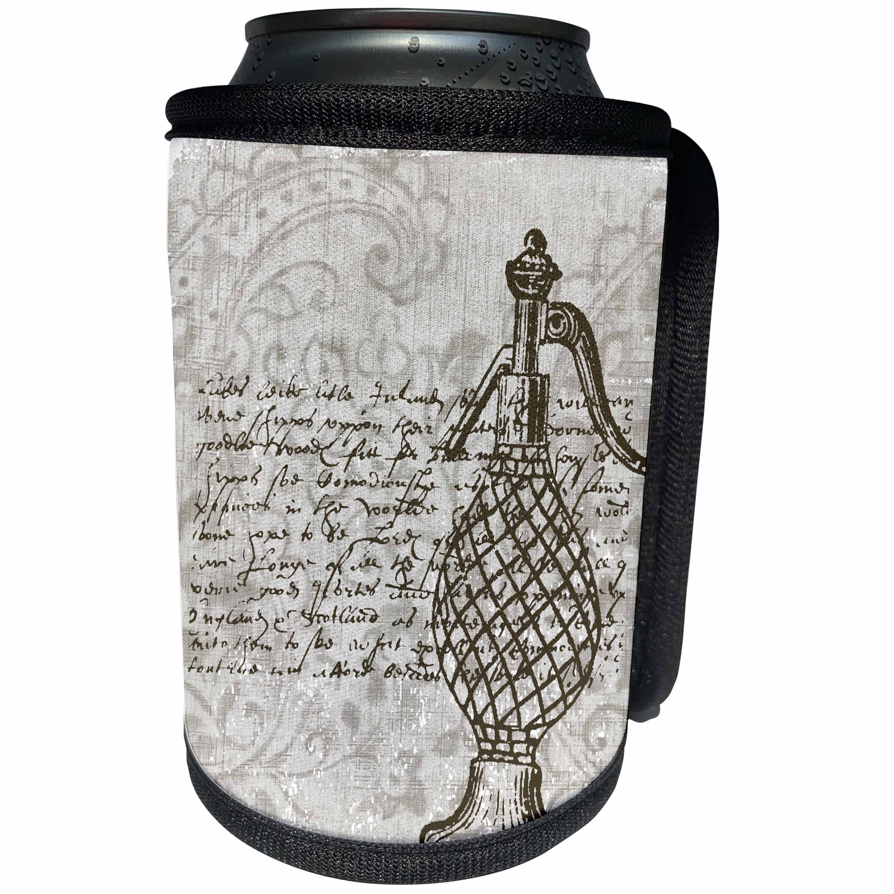 3dRose PS Beach - Vintage Art French Script with Perfume - Can Cooler Bottle Wrap (cc_108696)