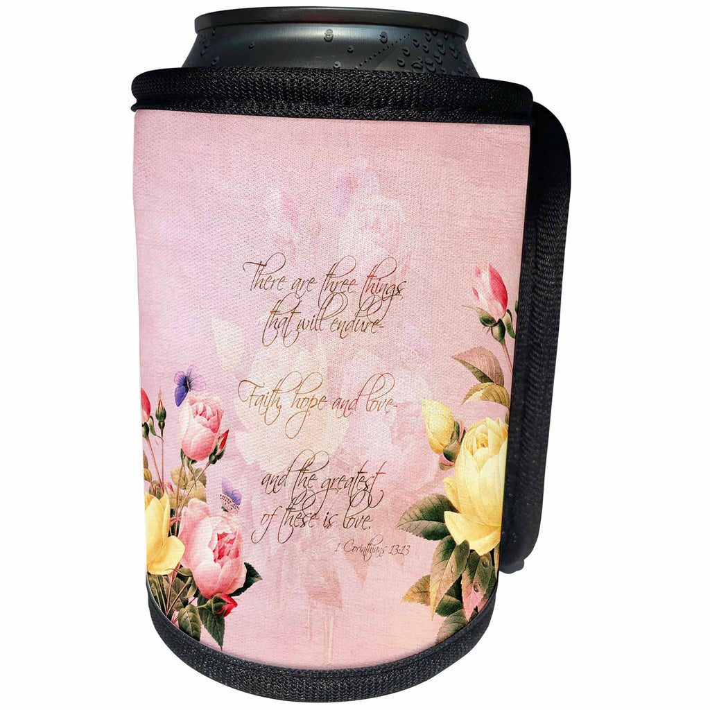 3dRose PS Inspirations - Faith, Hope and Love Bible Verse with Roses - Can Cooler Bottle Wrap (cc_108699)