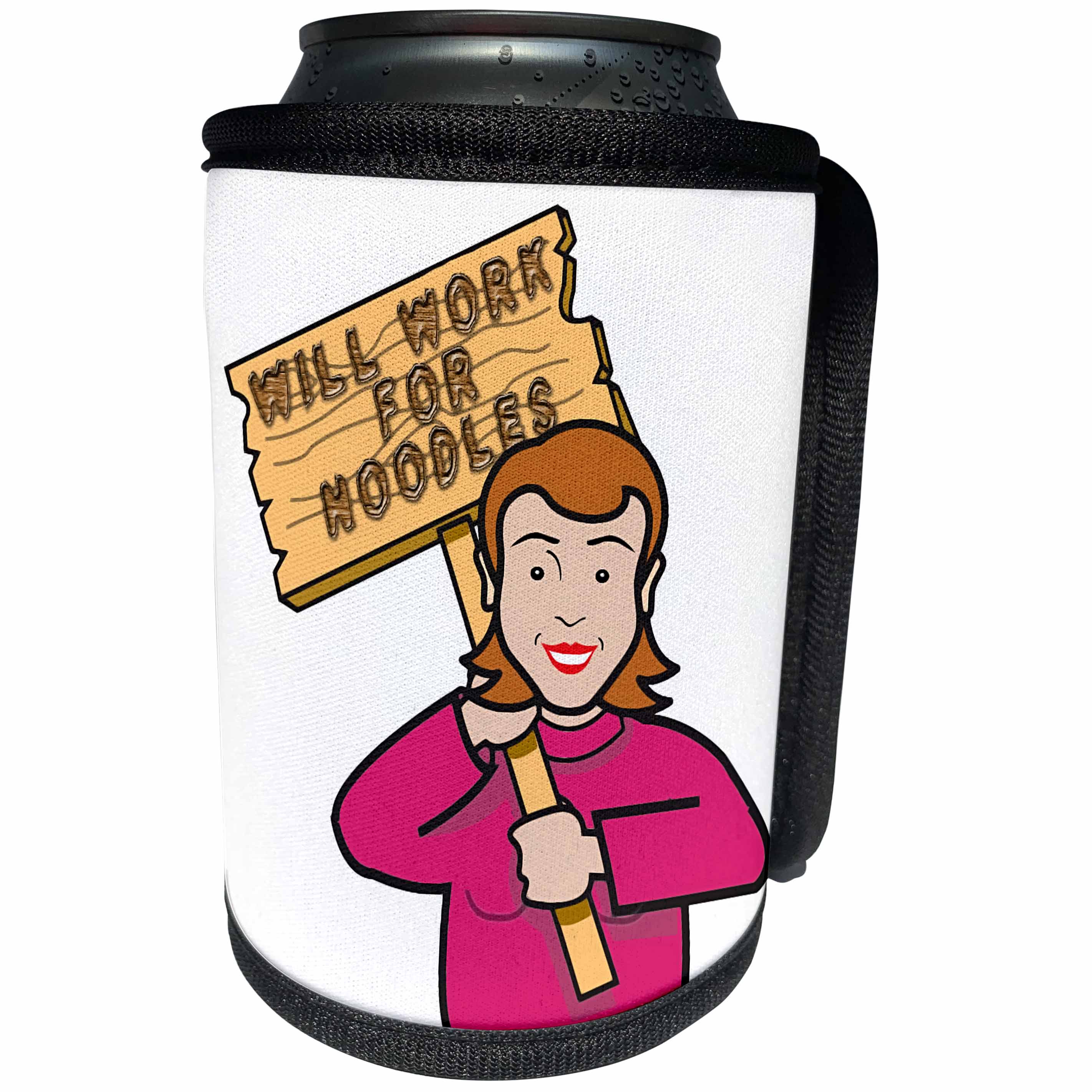3dRose Dooni Designs Humorous Bribery Signs Sarcasm Designs - Funny Humorous Woman Girl With A Sign Will Work For Noodles - Can Cooler Bottle Wrap (cc_117349)