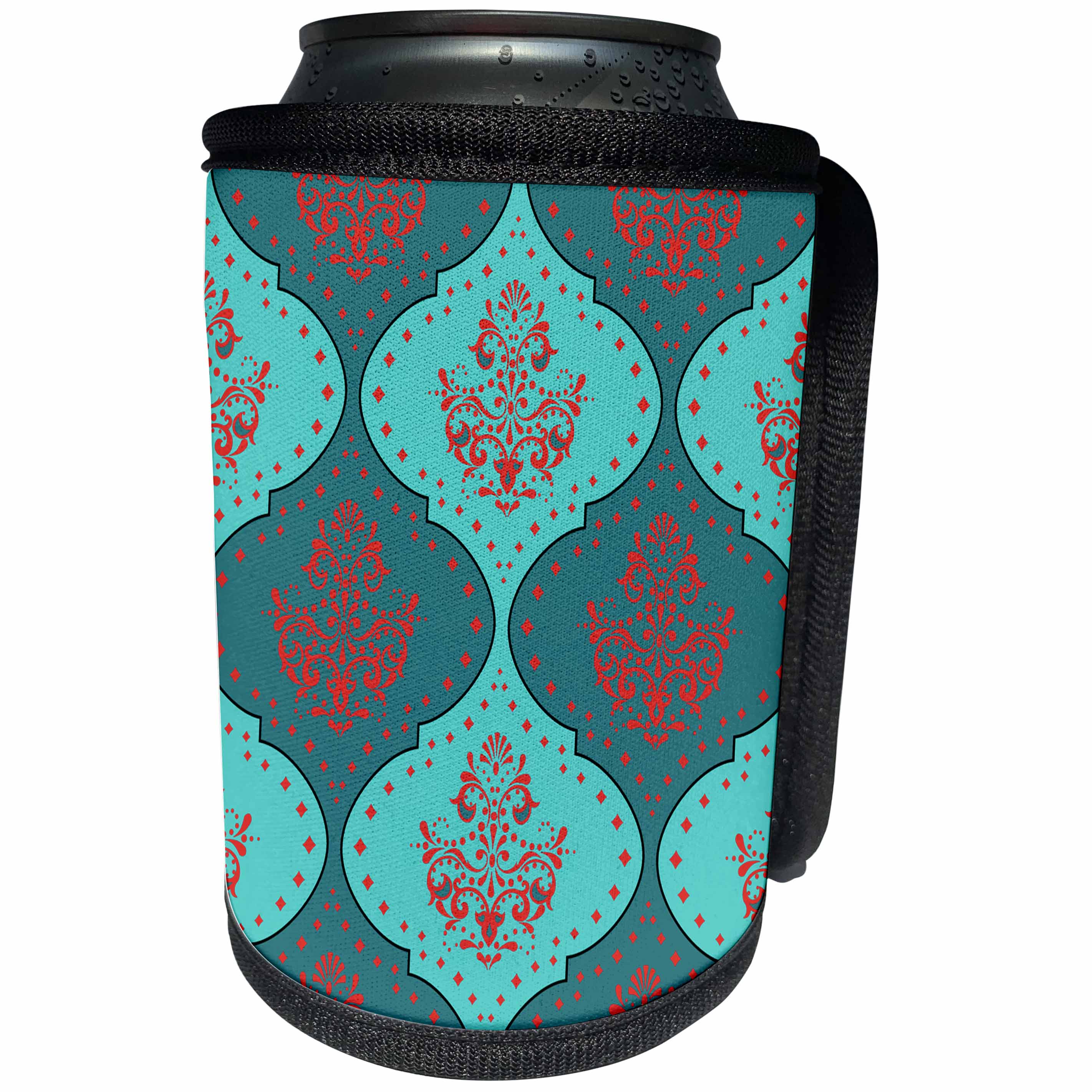 3dRose Dooni Designs Damask Patterns - Teal Aqua Red White Henna Style Modern Trendy Damask - Can Cooler Bottle Wrap (cc_117552)