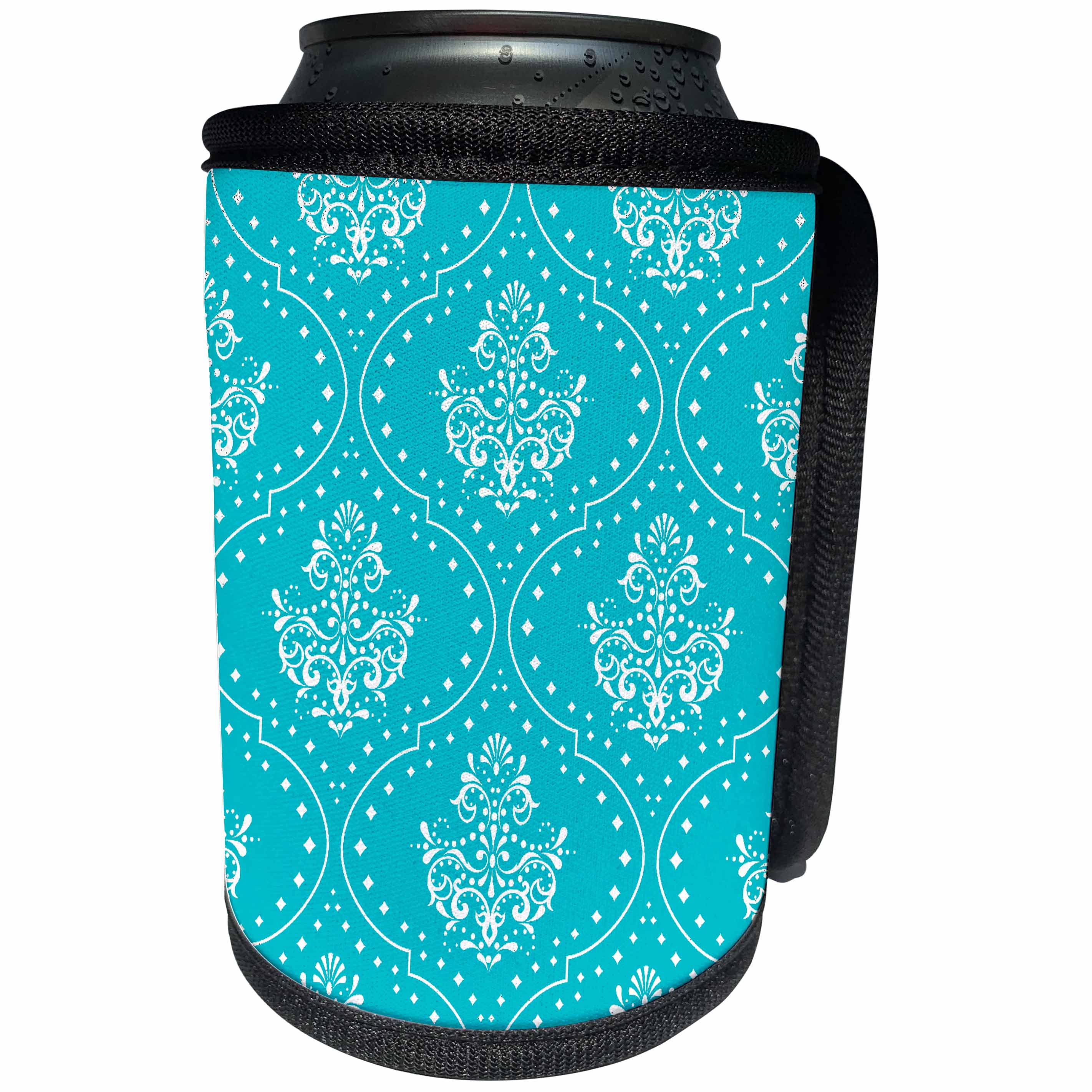 3dRose Dooni Designs Damask Patterns - Turquoise And White Henna Style Damask - Can Cooler Bottle Wrap (cc_117553)