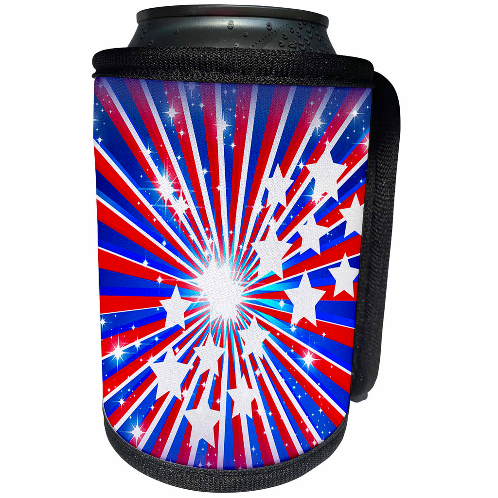 3dRose Dooni Designs Patriotic Designs - Red White And Blue USA Patriotic Sparkle Star Burst For Independence Day Fourth of July - Can Cooler Bottle Wrap (cc_117554)