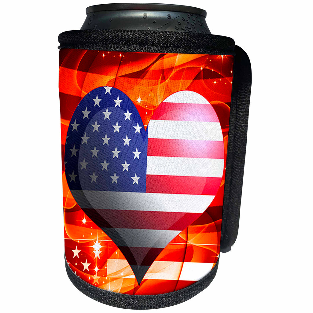 3dRose Dooni Designs Patriotic Designs - United States of America USA Flag Heart On Orange Sparkle Fractal Background Fourth Of July Design - Can Cooler Bottle Wrap (cc_117555)