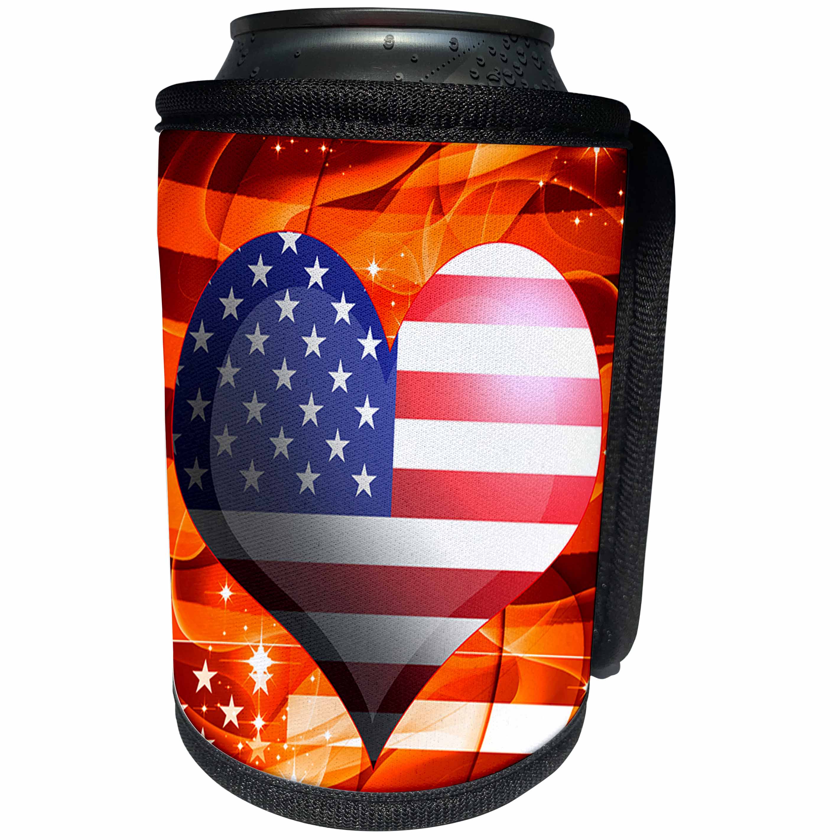 3dRose Dooni Designs Patriotic Designs - United States of America USA Flag Heart On Orange Sparkle Fractal Background Fourth Of July Design - Can Cooler Bottle Wrap (cc_117555)
