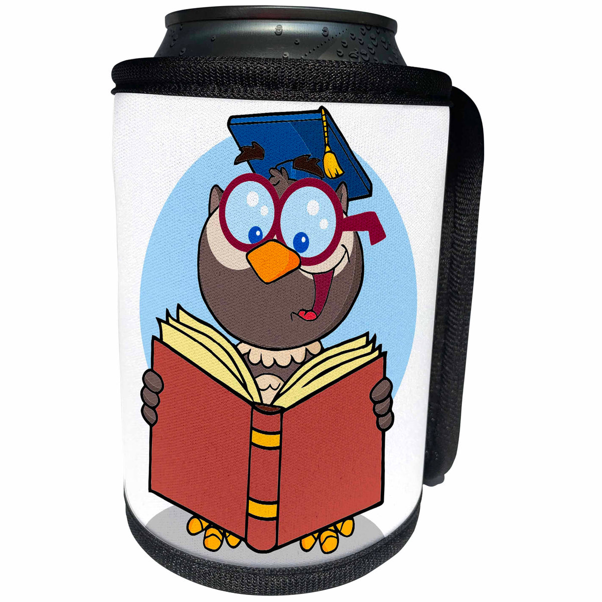 3dRose Dooni Designs More Random Cartoon Designs - Graduate Owl Reading A Book Cartoon - Can Cooler Bottle Wrap (cc_118730)