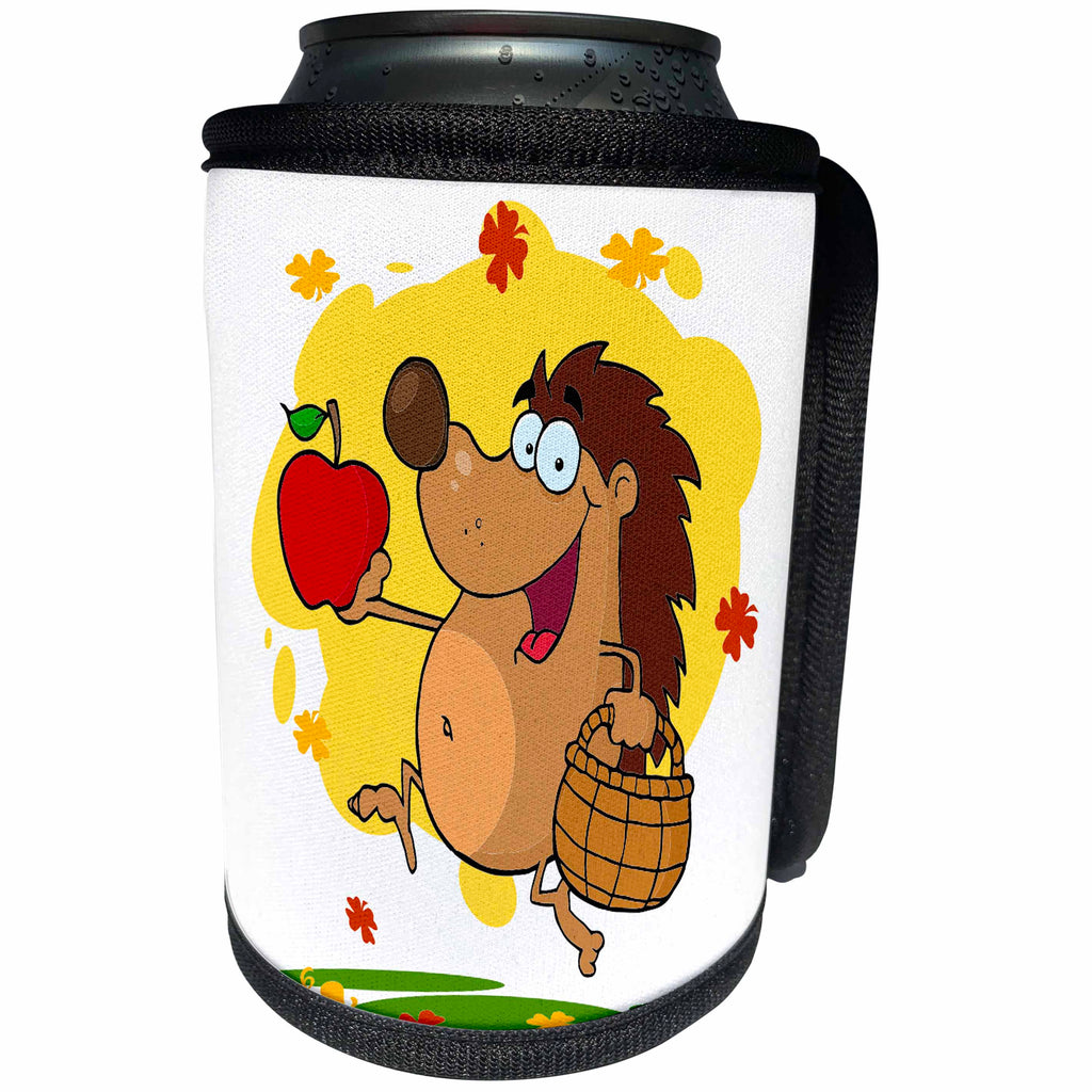 3dRose Dooni Designs More Random Cartoon Designs - Happy Cute Hedgehog Apple Picking - Can Cooler Bottle Wrap (cc_118747)