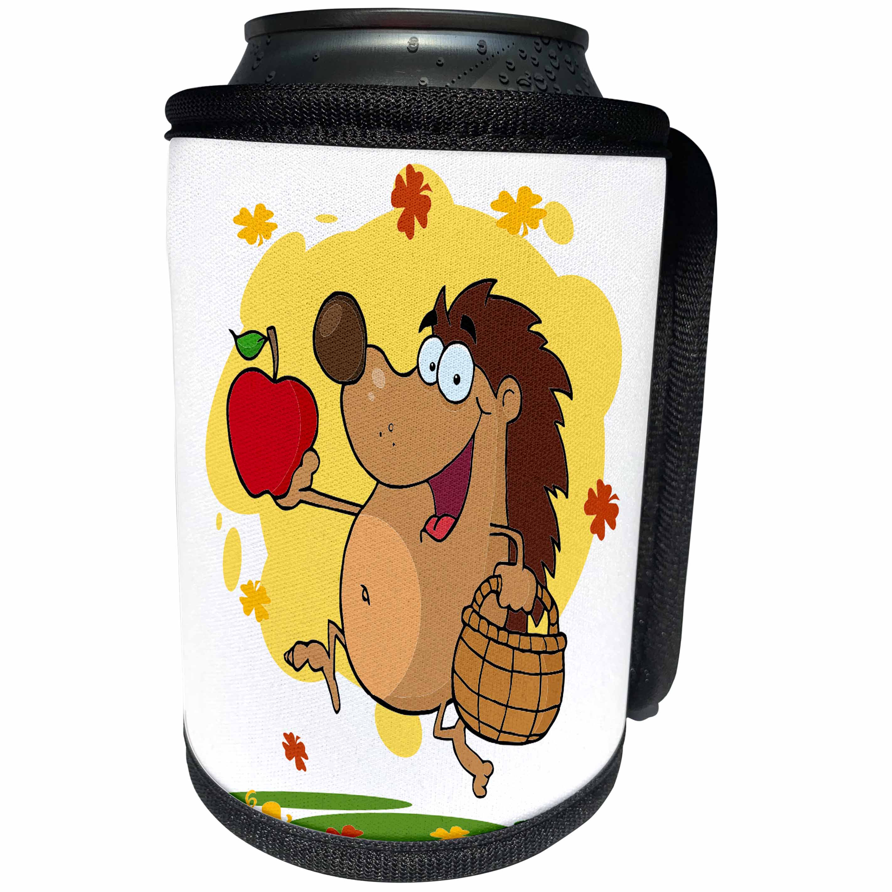 3dRose Dooni Designs More Random Cartoon Designs - Happy Cute Hedgehog Apple Picking - Can Cooler Bottle Wrap (cc_118747)