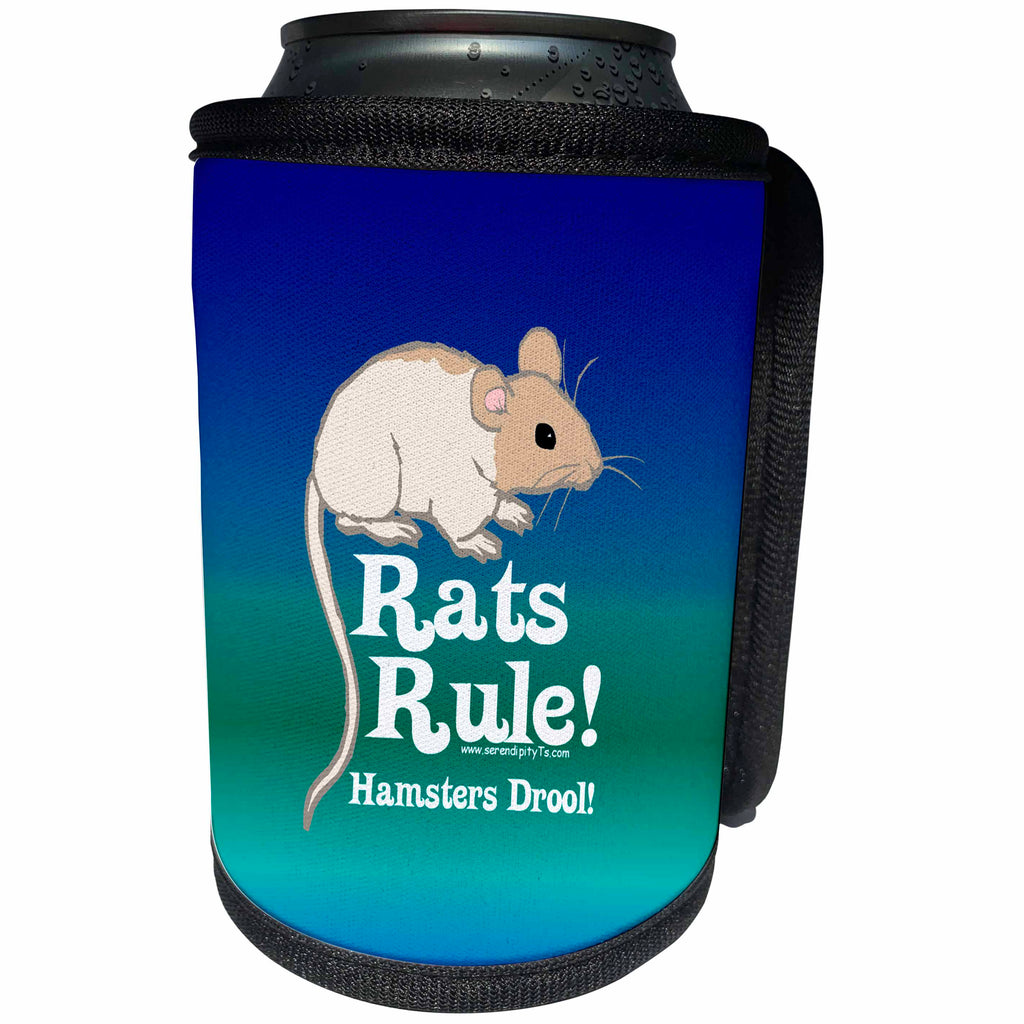 3dRose Deniska Designs Rat - Rats Rule! White on BlueGreen - Can Cooler Bottle Wrap (cc_12397)
