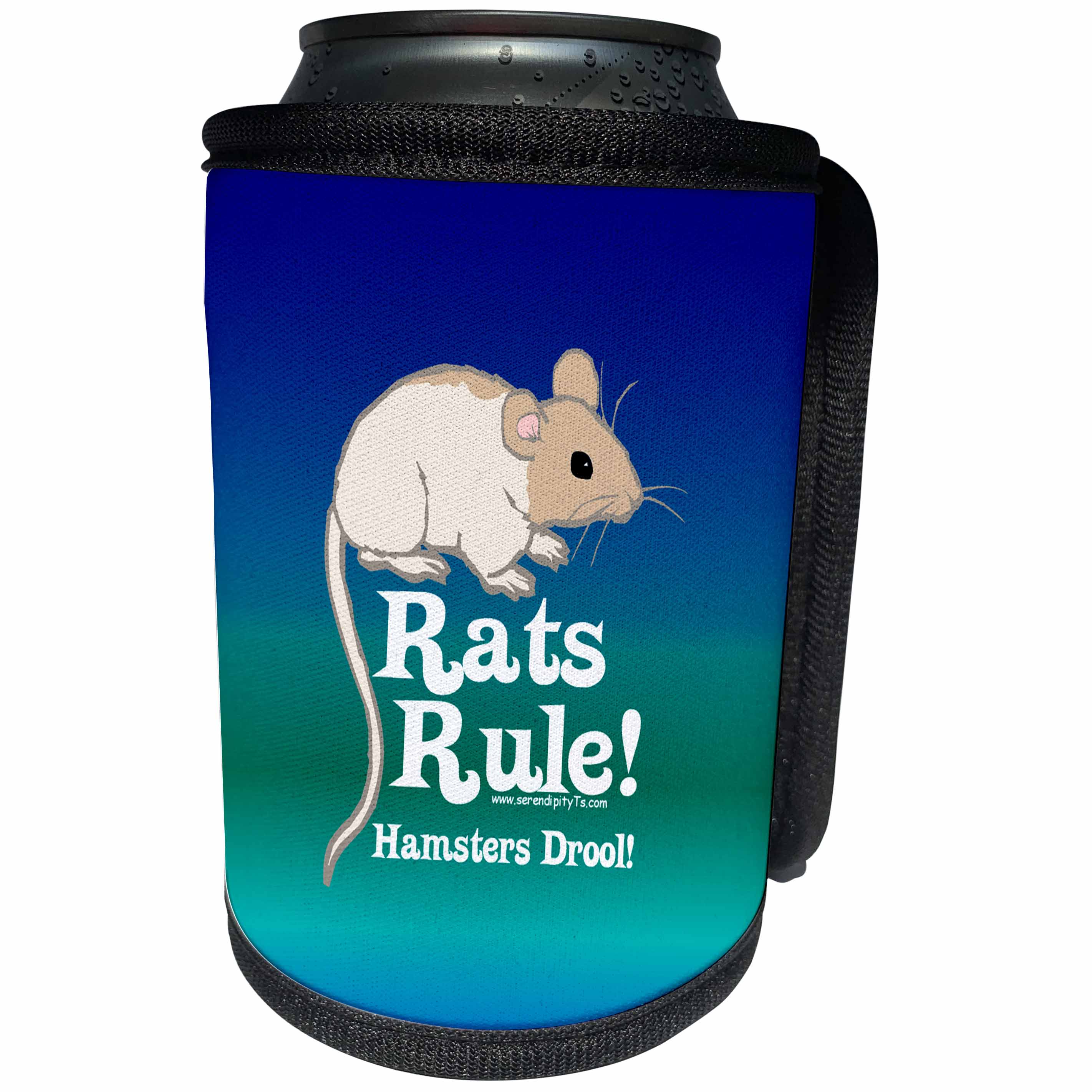 3dRose Deniska Designs Rat - Rats Rule! White on BlueGreen - Can Cooler Bottle Wrap (cc_12397)