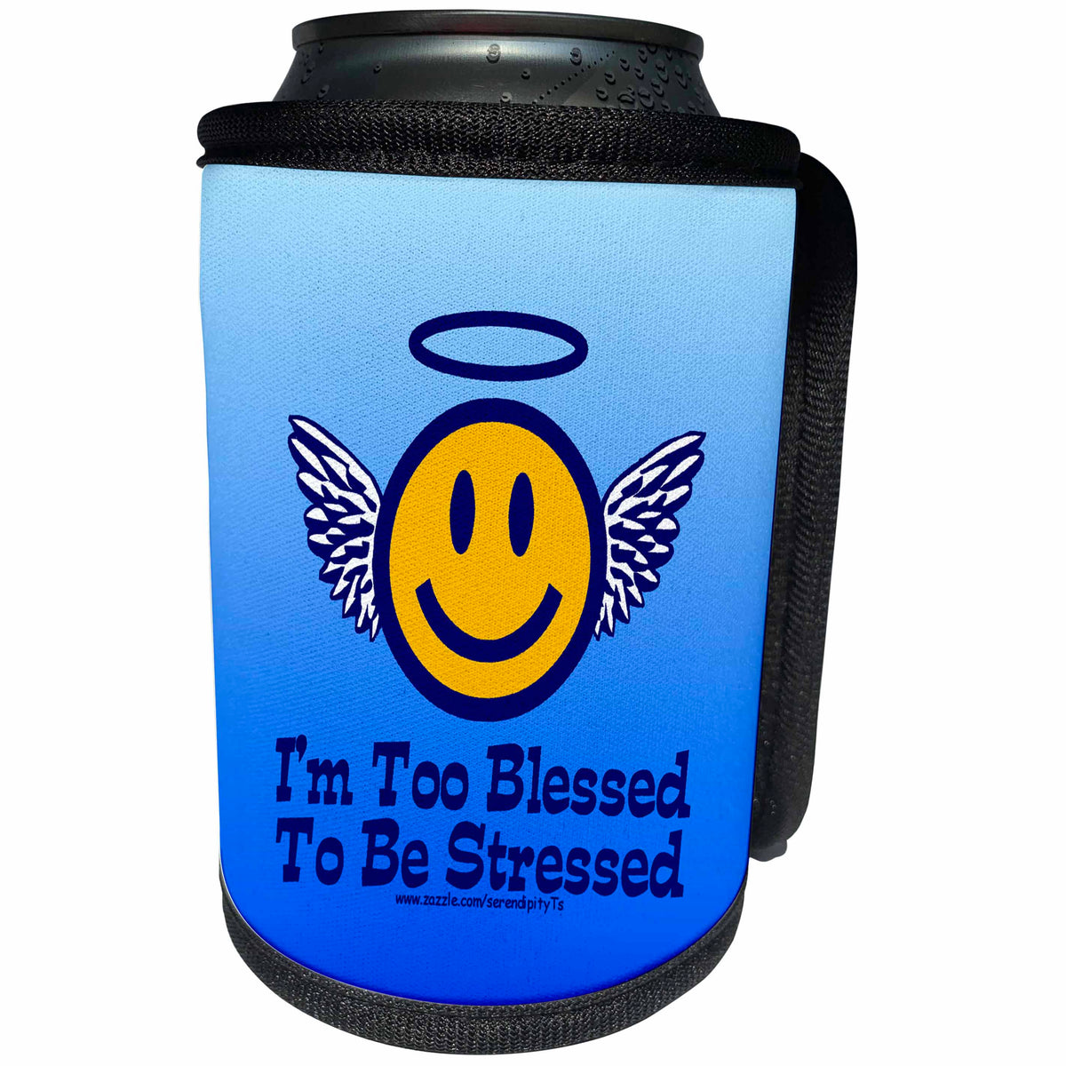 3dRose Deniska Designs Religion - Im Too Blessed To Be Stressed on Blue - Can Cooler Bottle Wrap (cc_12424)