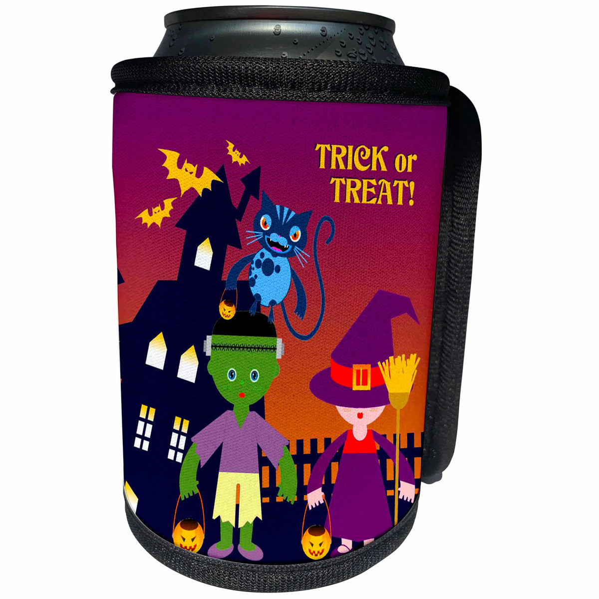 3dRose Belinha Fernandes - Halloween Celebration - Trick or treat message and kids dressed up as frankenstein and witch with cat - Can Cooler Bottle Wrap (cc_125917)