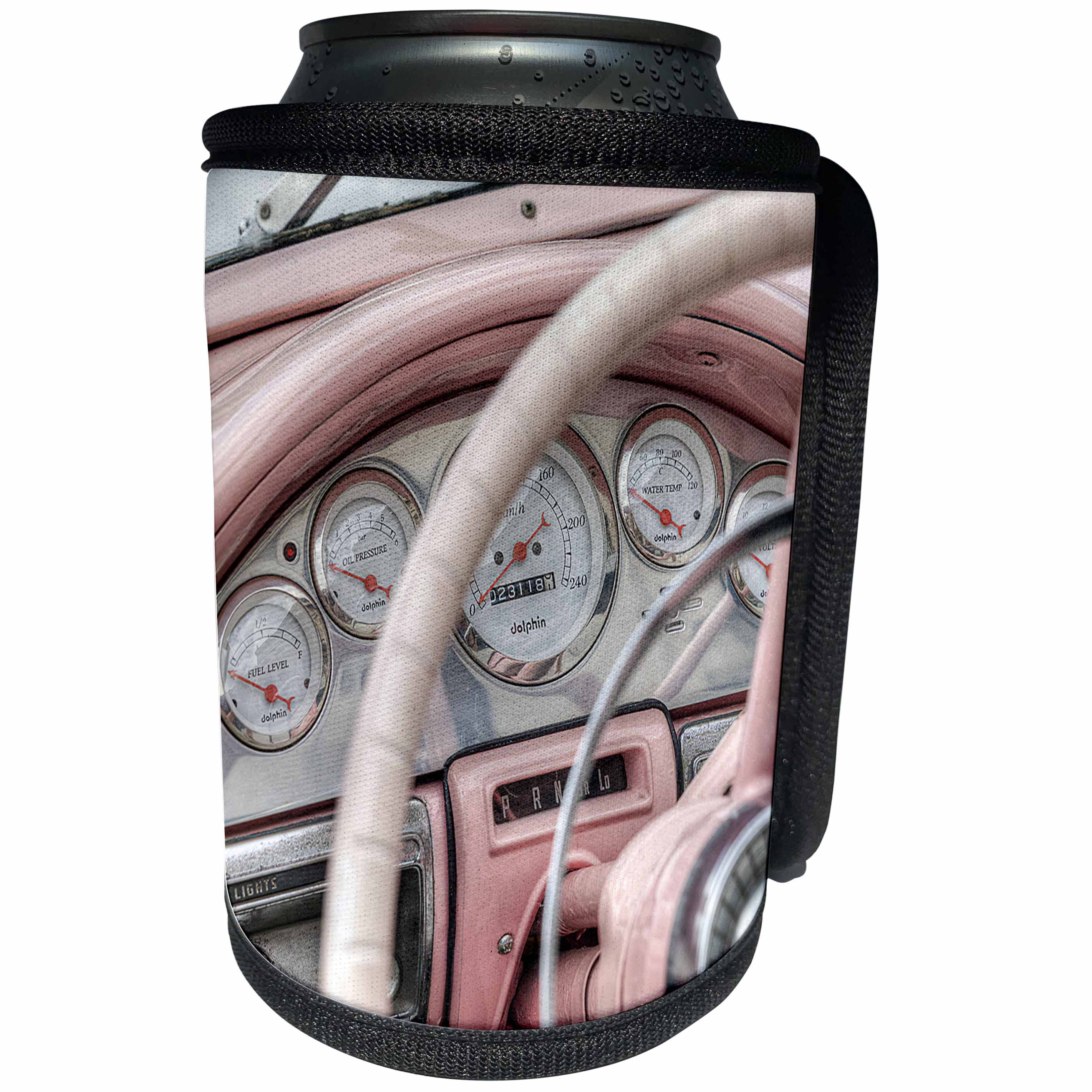 3dRose RONI CHASTAIN PHOTOGRAPHY - OLD PINK CAR, CLOSE UP OF DASH AND WHEEL - Can Cooler Bottle Wrap (cc_173705)
