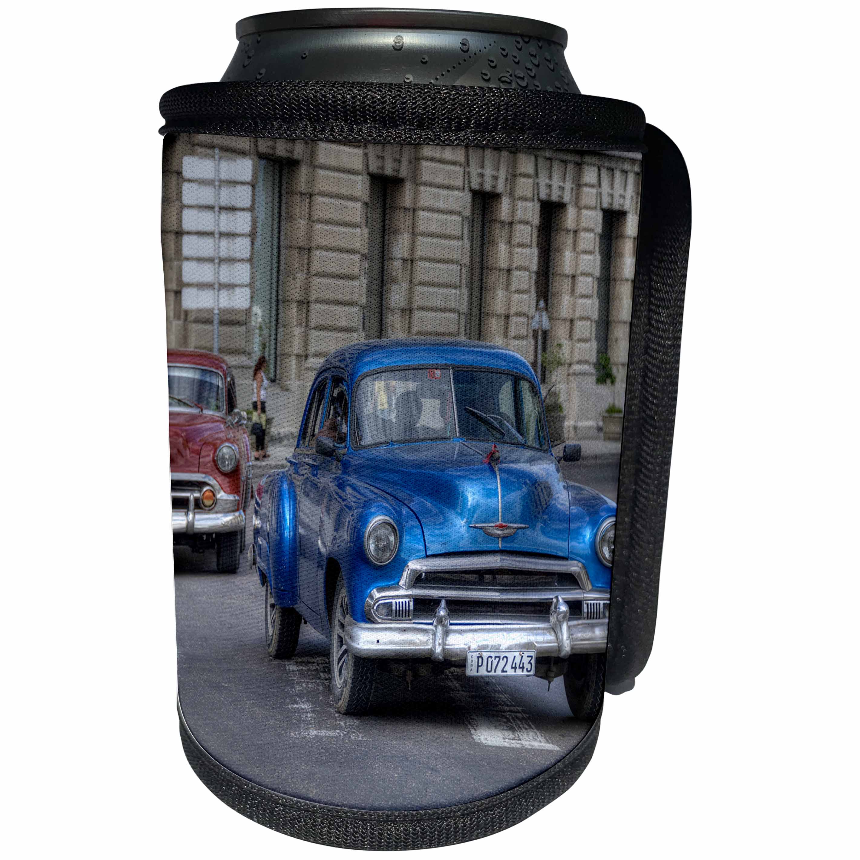 3dRose RONI CHASTAIN PHOTOGRAPHY - BLUE AND RED OLD CARS IN CUBA - Can Cooler Bottle Wrap (cc_173708)