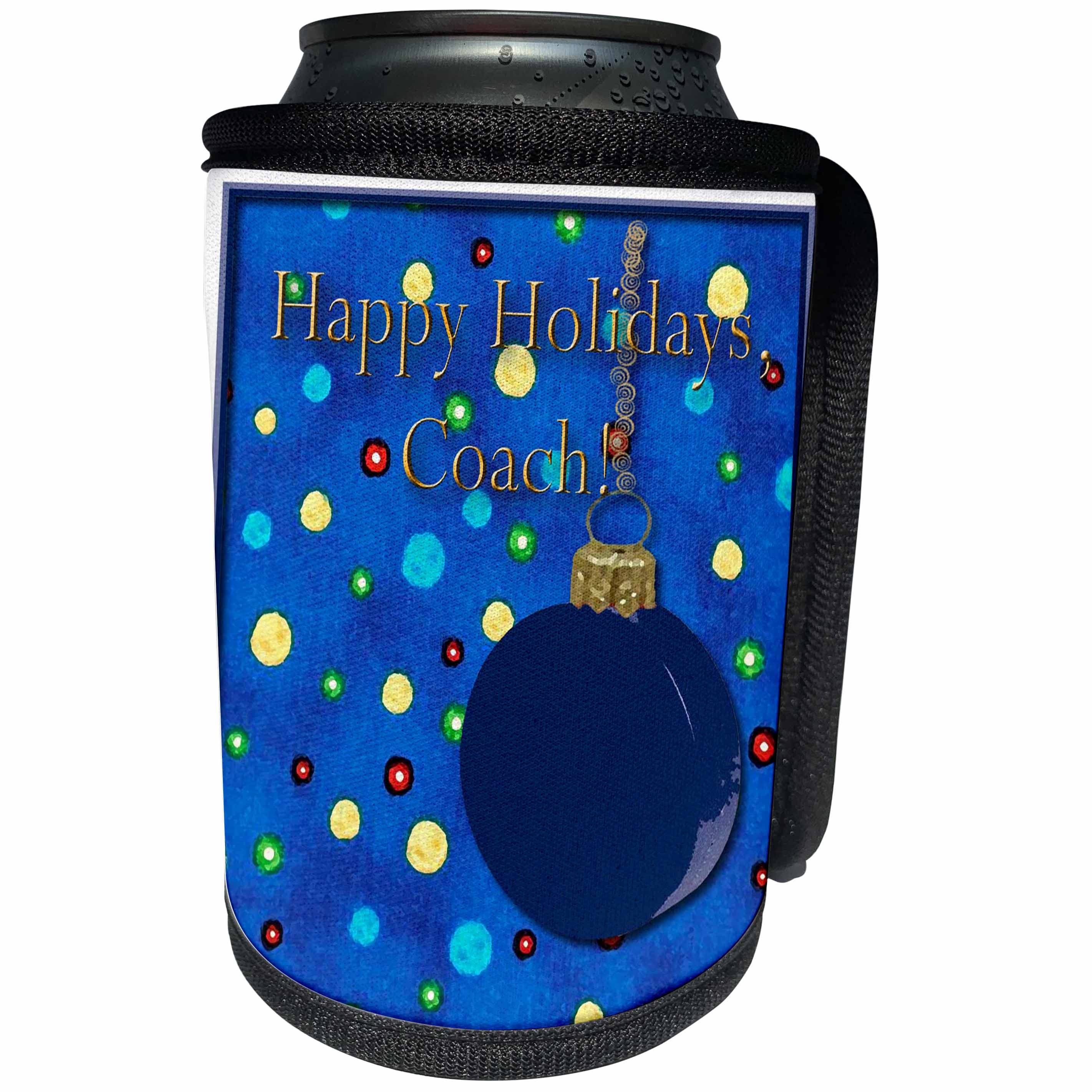 3dRose Beverly Turner Christmas Design - Happy Holidays, Coach, holiday ornament with colorful lights - Can Cooler Bottle Wrap (cc_17498)