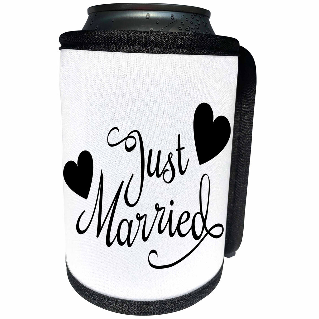 3dRose EvaDane - Quotes - Just married. White and Black. - Can Cooler Bottle Wrap (cc_194330)