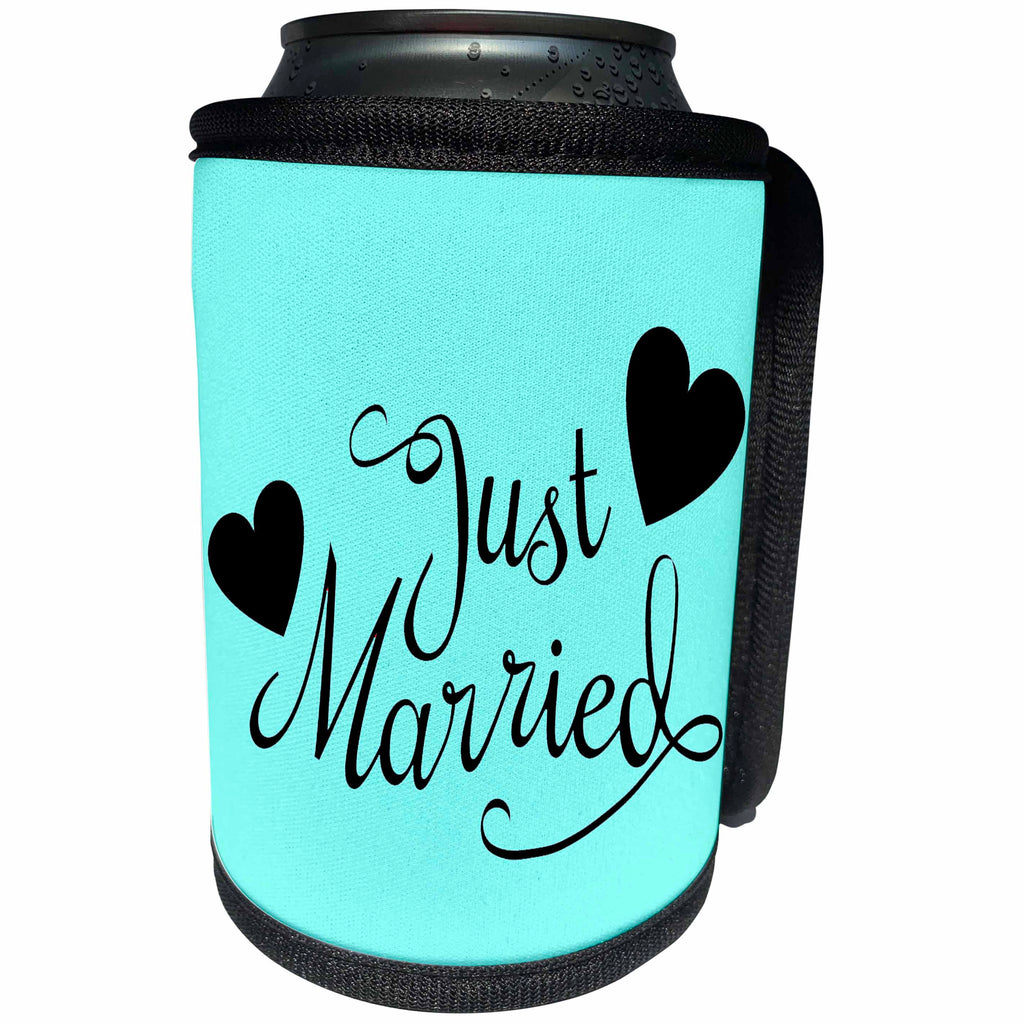 3dRose EvaDane - Quotes - Just married. Aqua. - Can Cooler Bottle Wrap (cc_194333)