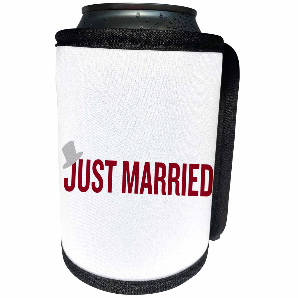 3dRose EvaDane - Quotes - Just married. Top hat. Burgundy. - Can Cooler Bottle Wrap (cc_194334)