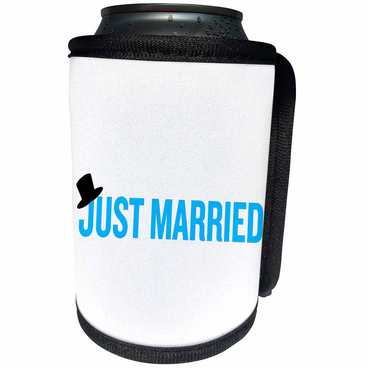 3dRose EvaDane - Quotes - Just married. Top hat. Blue. - Can Cooler Bottle Wrap (cc_194337)