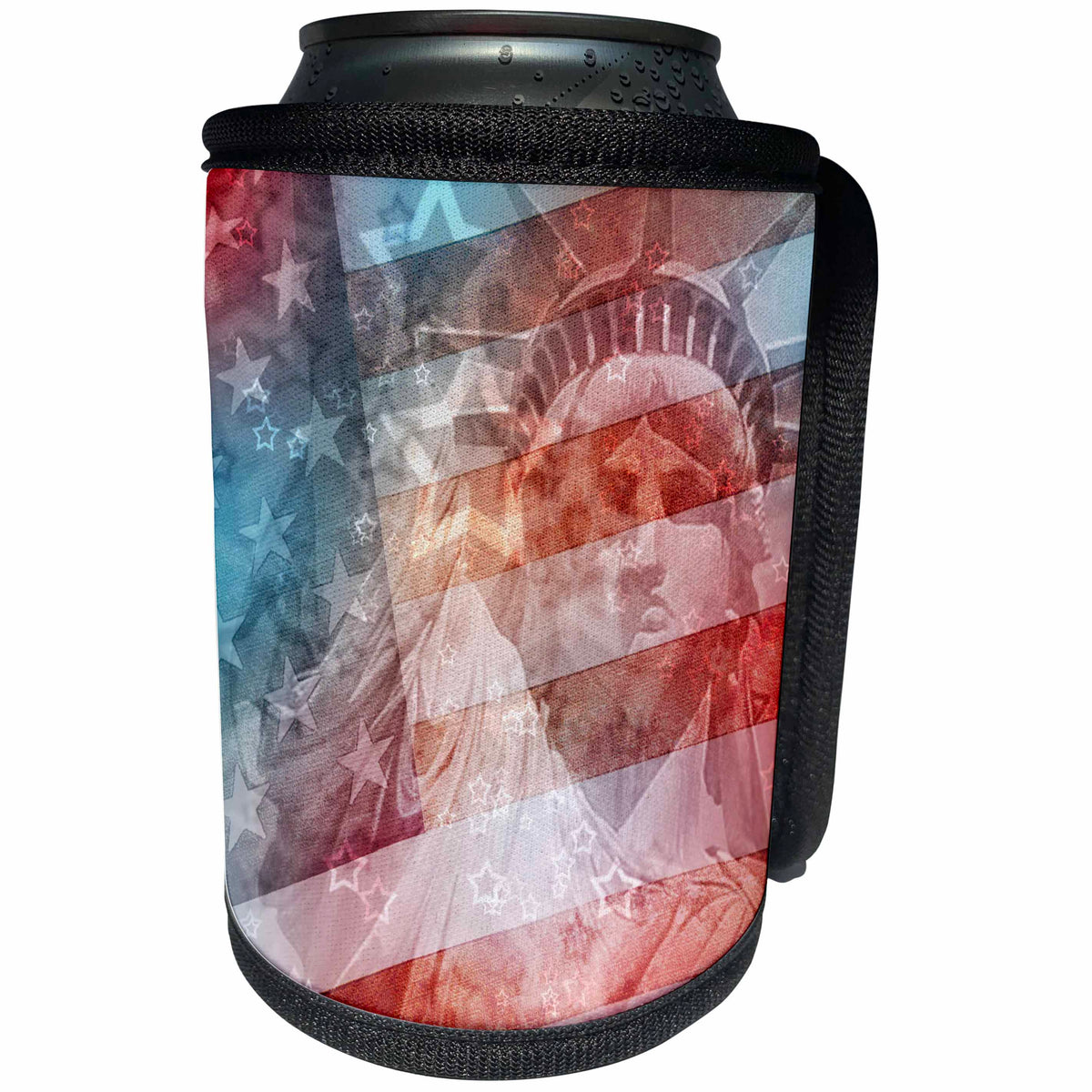 3dRose Perkins Designs USA - Patriotic Lady Liberty digital collage features the Statue of Liberty and American flag - Can Cooler Bottle Wrap (cc_19439)
