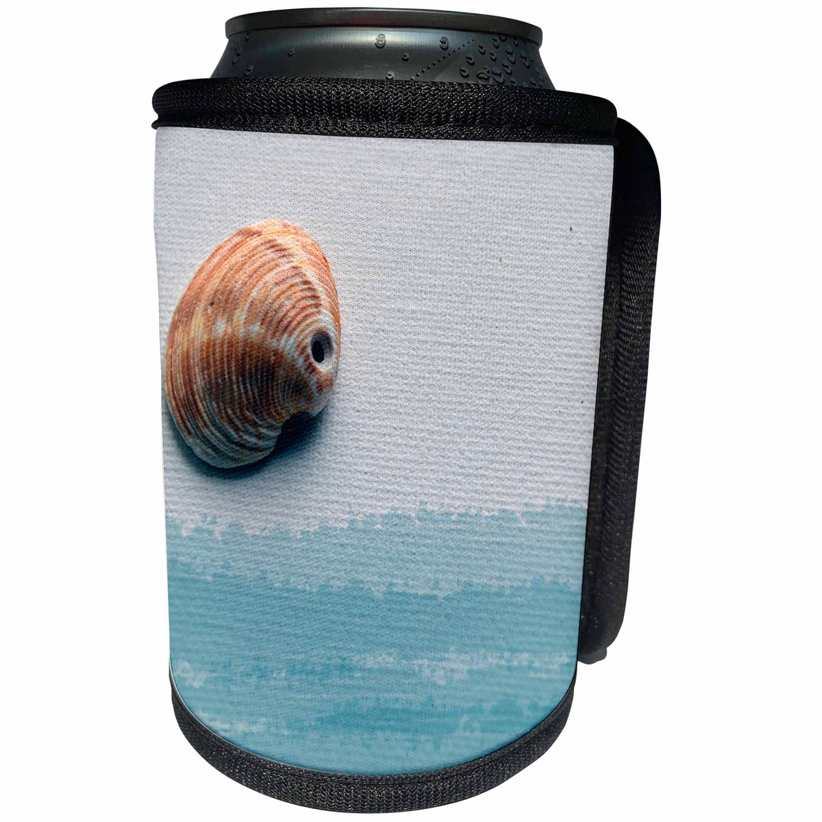 3dRose Susans Zoo Crew Beach - drilled shell blue streaks seashell - Can Cooler Bottle Wrap (cc_194392)