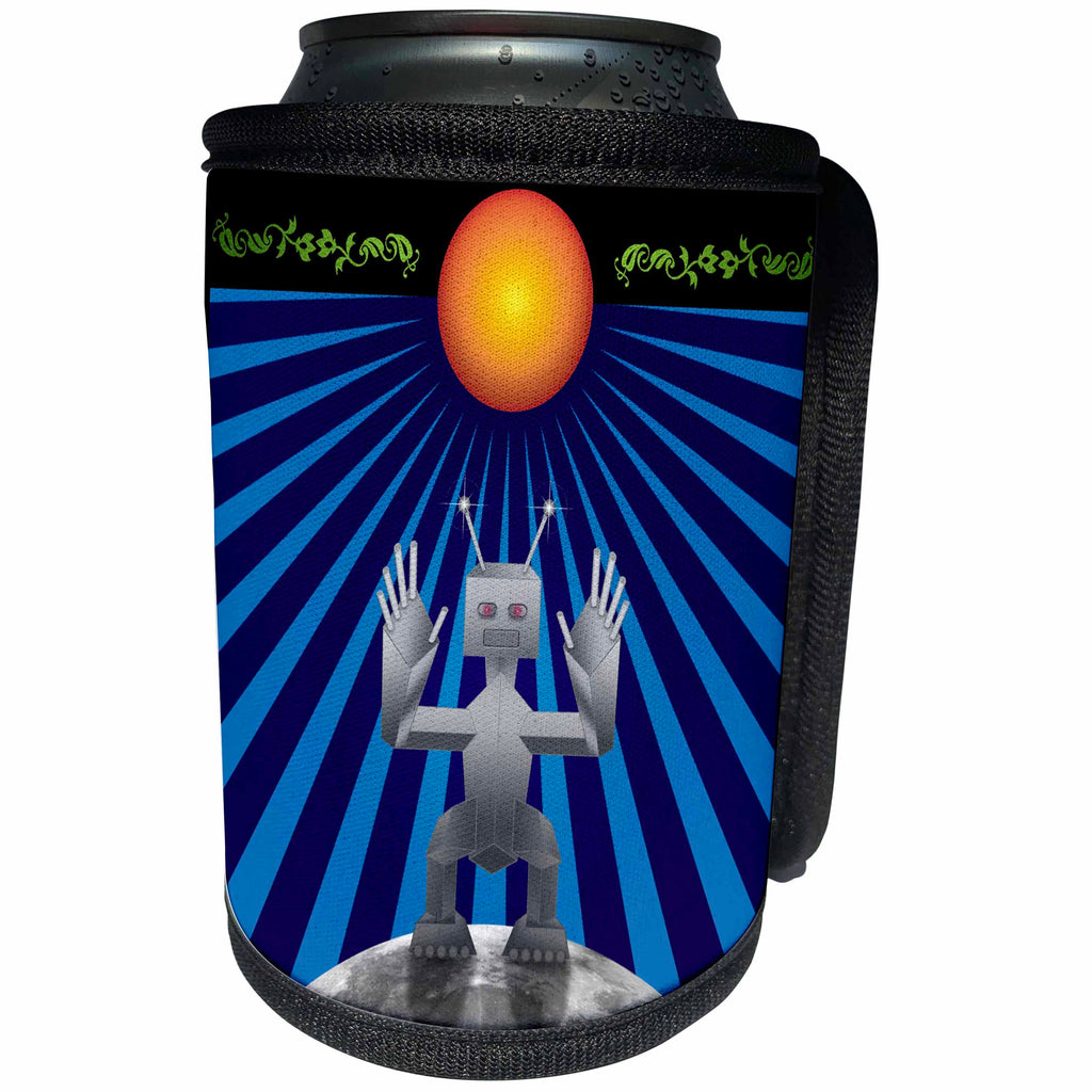 3dRose Perkins Designs Science Fiction - Robot Space Traveler friendly robot in space visits the moon to rest during travels - Can Cooler Bottle Wrap (cc_19440)