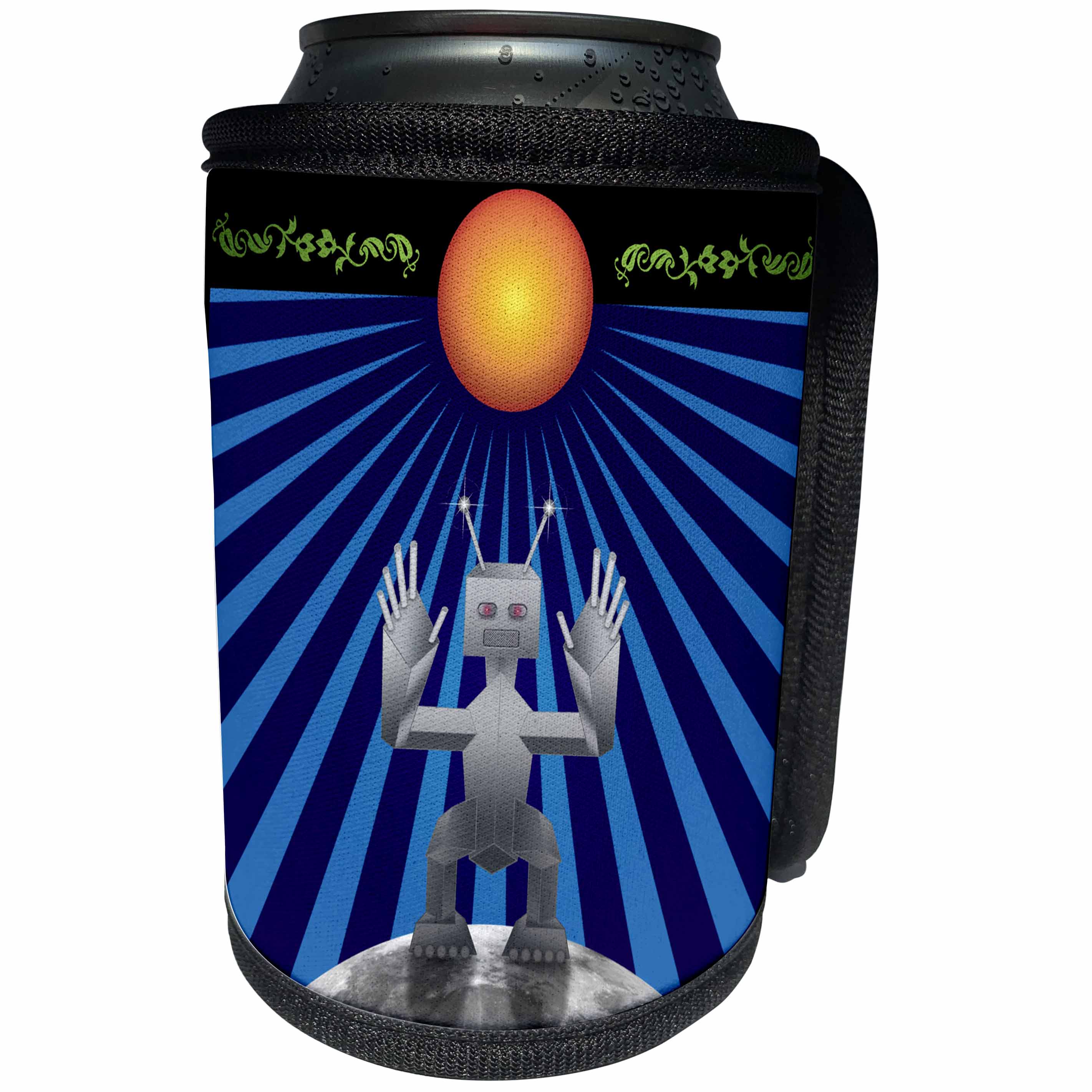 3dRose Perkins Designs Science Fiction - Robot Space Traveler friendly robot in space visits the moon to rest during travels - Can Cooler Bottle Wrap (cc_19440)
