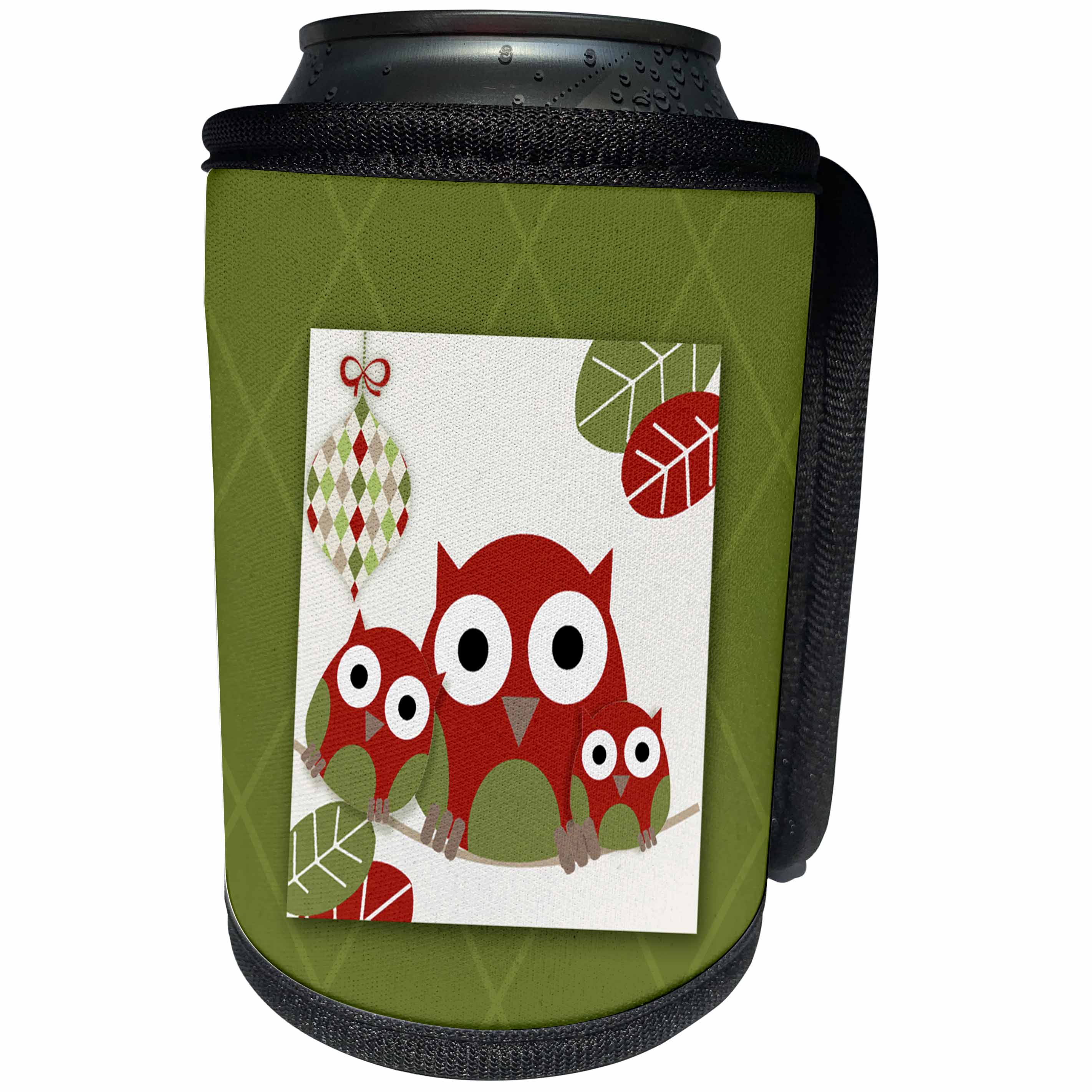 3dRose Doreen Erhardt Christmas Collection - Christmas Owl Family in Green and Red Cute Wildlife - Can Cooler Bottle Wrap (cc_203023)
