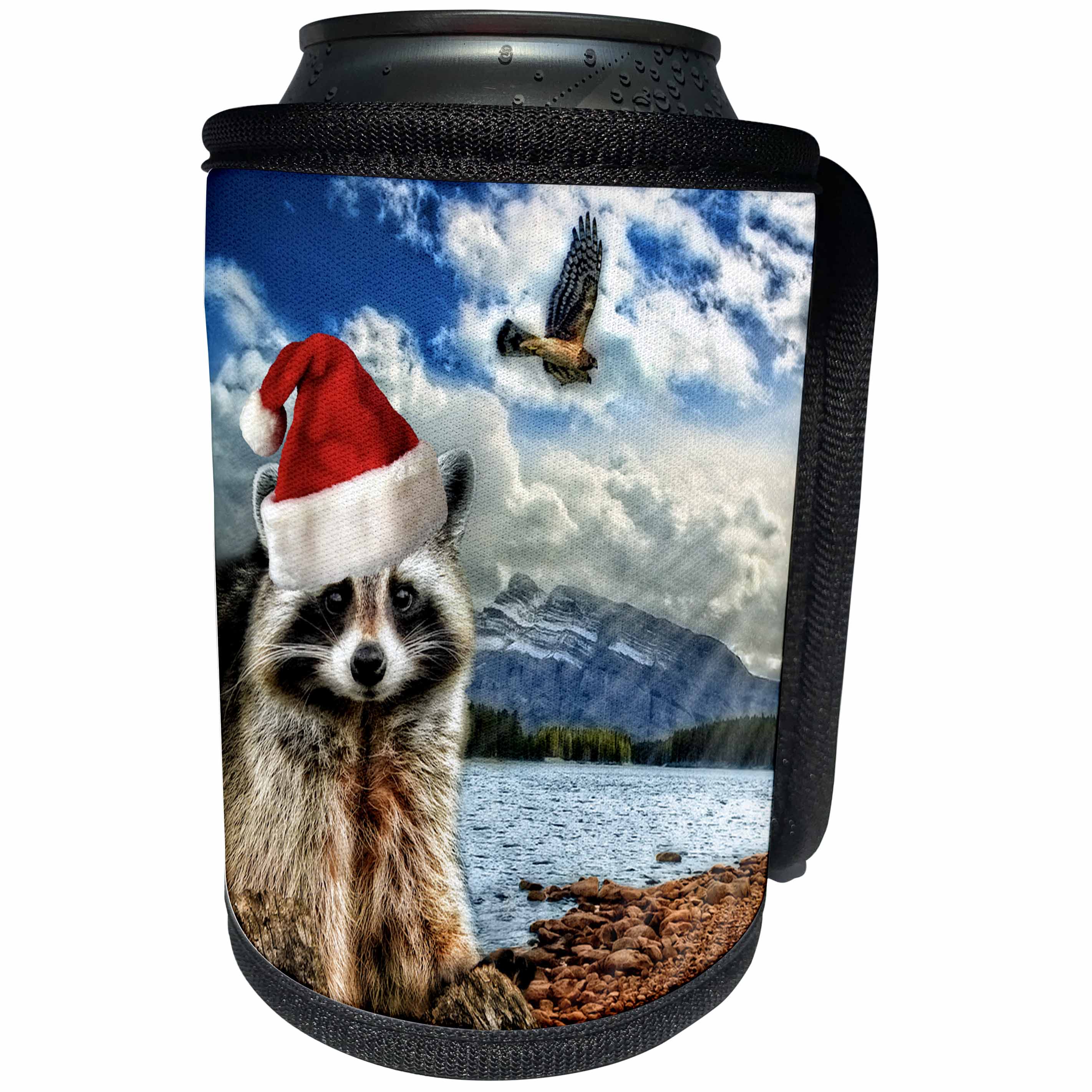 3dRose Doreen Erhardt Christmas Collection - Christmas Raccoon in a Santa Hat Mountain Wildlife - Can Cooler Bottle Wrap (cc_203024)