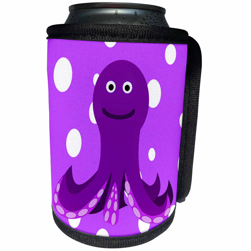 3dRose Florene - Childrens Art III - Print of Purple Octopus On Red Violet Dots - Can Cooler Bottle Wrap (cc_204020)