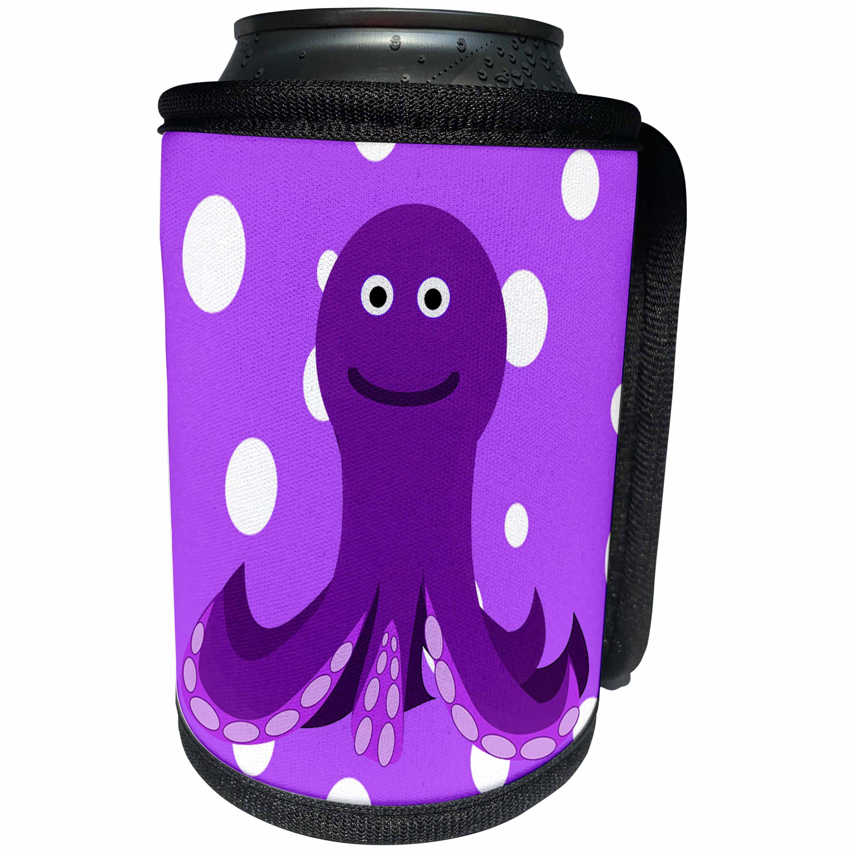 3dRose Florene - Childrens Art III - Print of Purple Octopus On Red Violet Dots - Can Cooler Bottle Wrap (cc_204020)