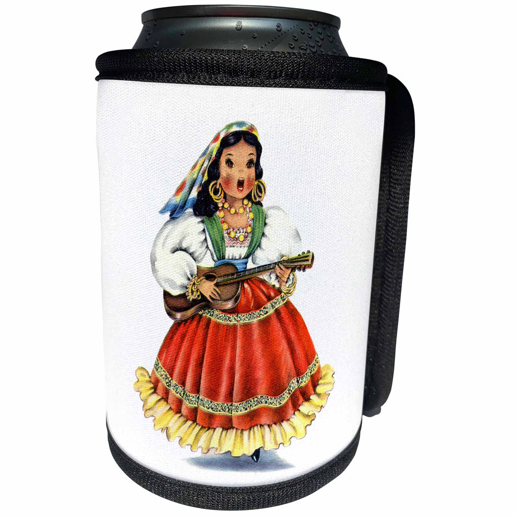 3dRose Florene - All Things Mexican - Print of Retro Mexican Doll In Native Dress - Can Cooler Bottle Wrap (cc_204026)