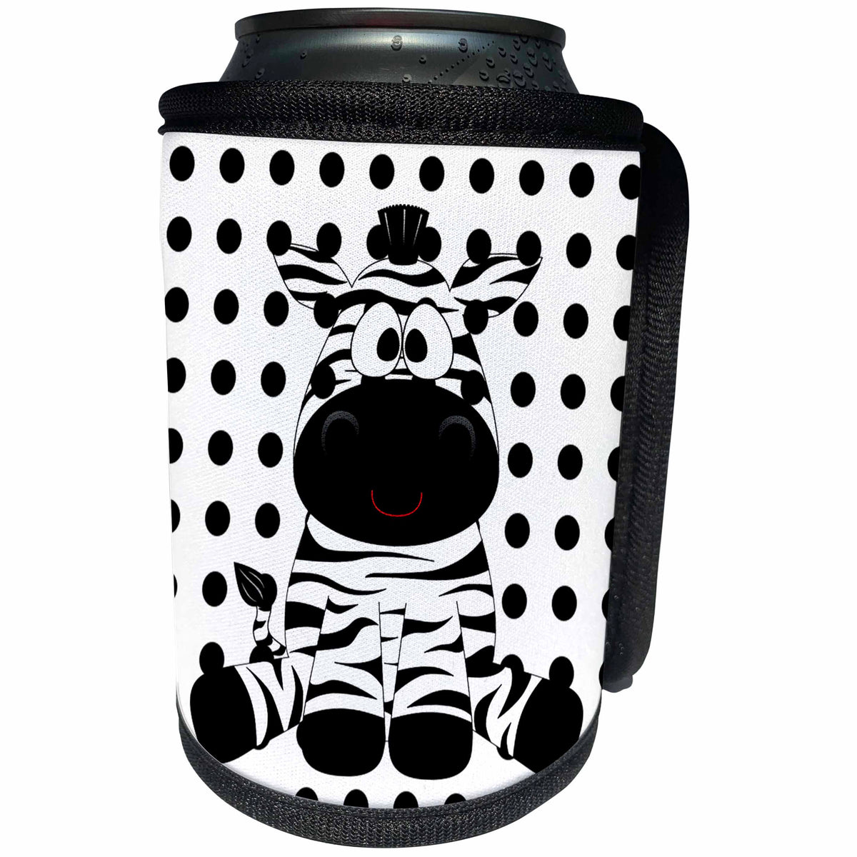 3dRose Florene - Childrens Art III - Print of Adorable Zebra On Black Dots - Can Cooler Bottle Wrap (cc_204039)