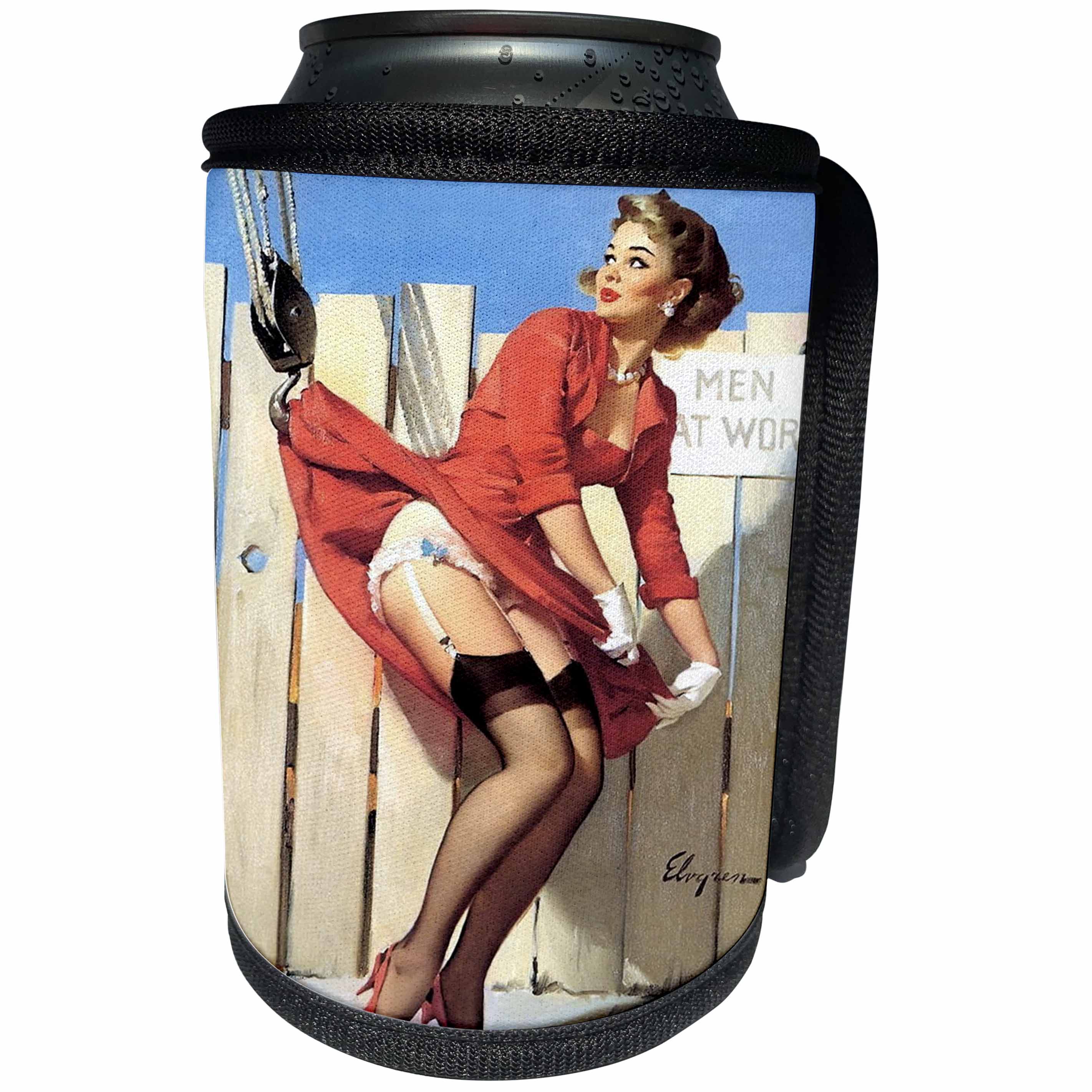 3dRose Florene - Retro Pinups - Print of Elvgren Pinup At Construction Site - Can Cooler Bottle Wrap (cc_204068)