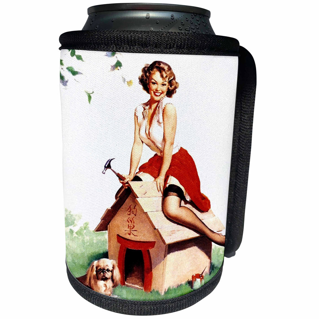 3dRose Florene - Retro Pinups - Print of Elvgren Pinup Build A Dog House - Can Cooler Bottle Wrap (cc_204069)