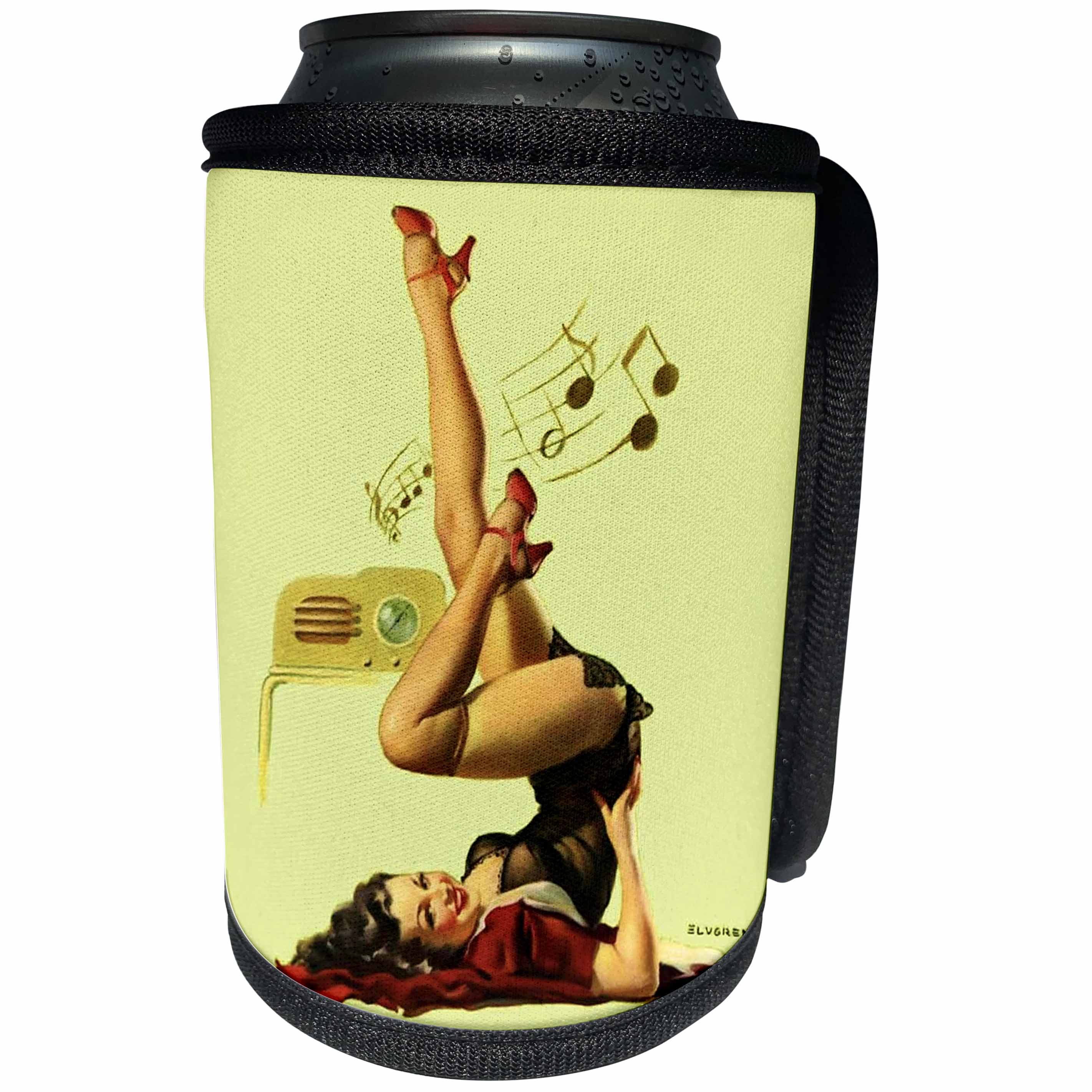 3dRose Florene - Retro Pinups - Print of Elvgren Pinup Loving That Music With Old Radio - Can Cooler Bottle Wrap (cc_204073)