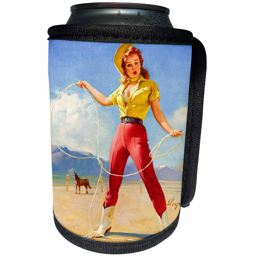 3dRose Florene - Retro Pinups - Print of Elvgren Pinup Roping Cowgirl - Can Cooler Bottle Wrap (cc_204075)